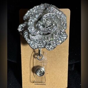 Up cycled Silver Rose Rhinestone Badge Reel Holder Made from Vintage Necklace